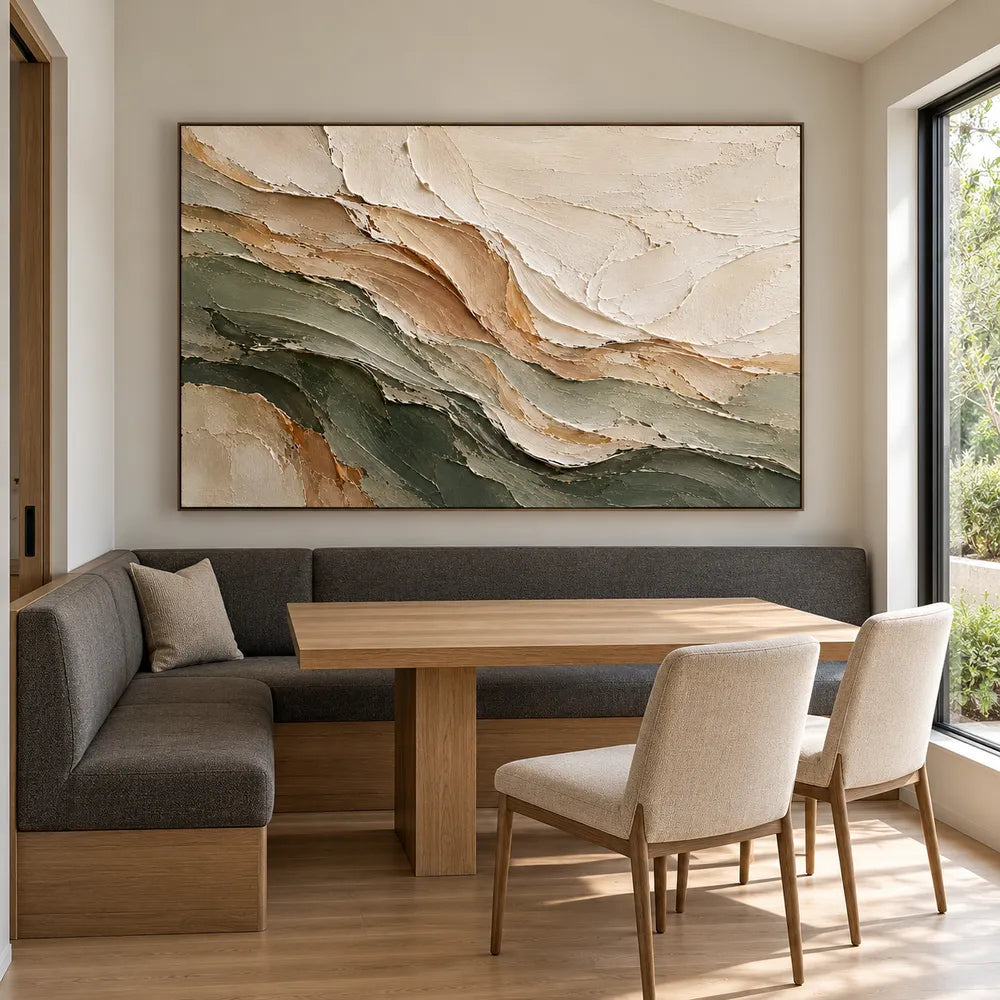 Ivory & Olive Hand-Painted 3D Textured Oil Painting, Layered Abstract Wall Art #AKT5BSSD