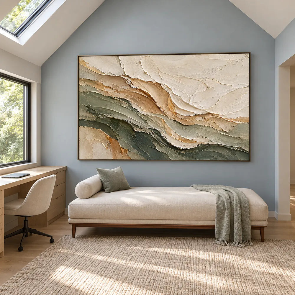 Ivory & Olive Hand-Painted 3D Textured Oil Painting, Layered Abstract Wall Art #AKT5BSSD