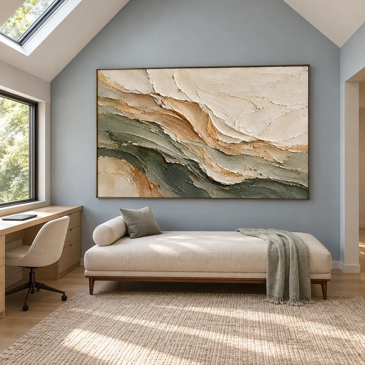 Ivory & Olive Hand-Painted 3D Textured Oil Painting, Layered Abstract Wall Art #AKT5BSSD