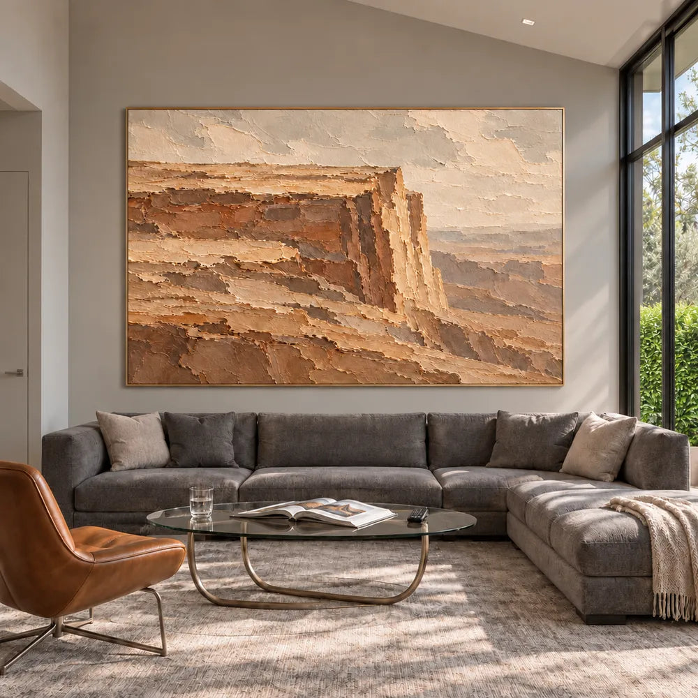 Ochre Brown Hand-Painted Canyon Painting, Flat-Topped Cliff #FXQ5837D