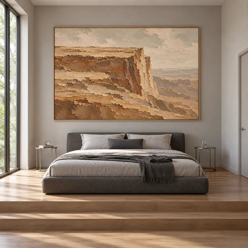 Ochre Brown Hand-Painted Canyon Painting, Flat-Topped Cliff #FXQ5837D