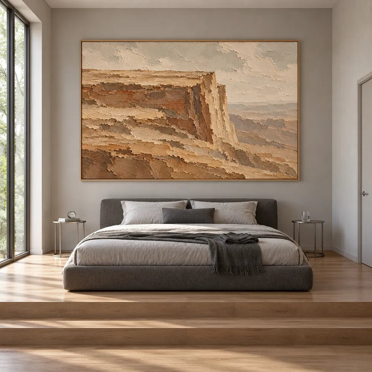 Ochre Brown Hand-Painted Canyon Painting, Flat-Topped Cliff #FXQ5837D