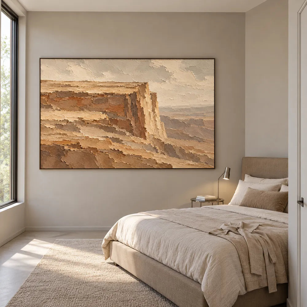 Ochre Brown Hand-Painted Canyon Painting, Flat-Topped Cliff #FXQ5837D