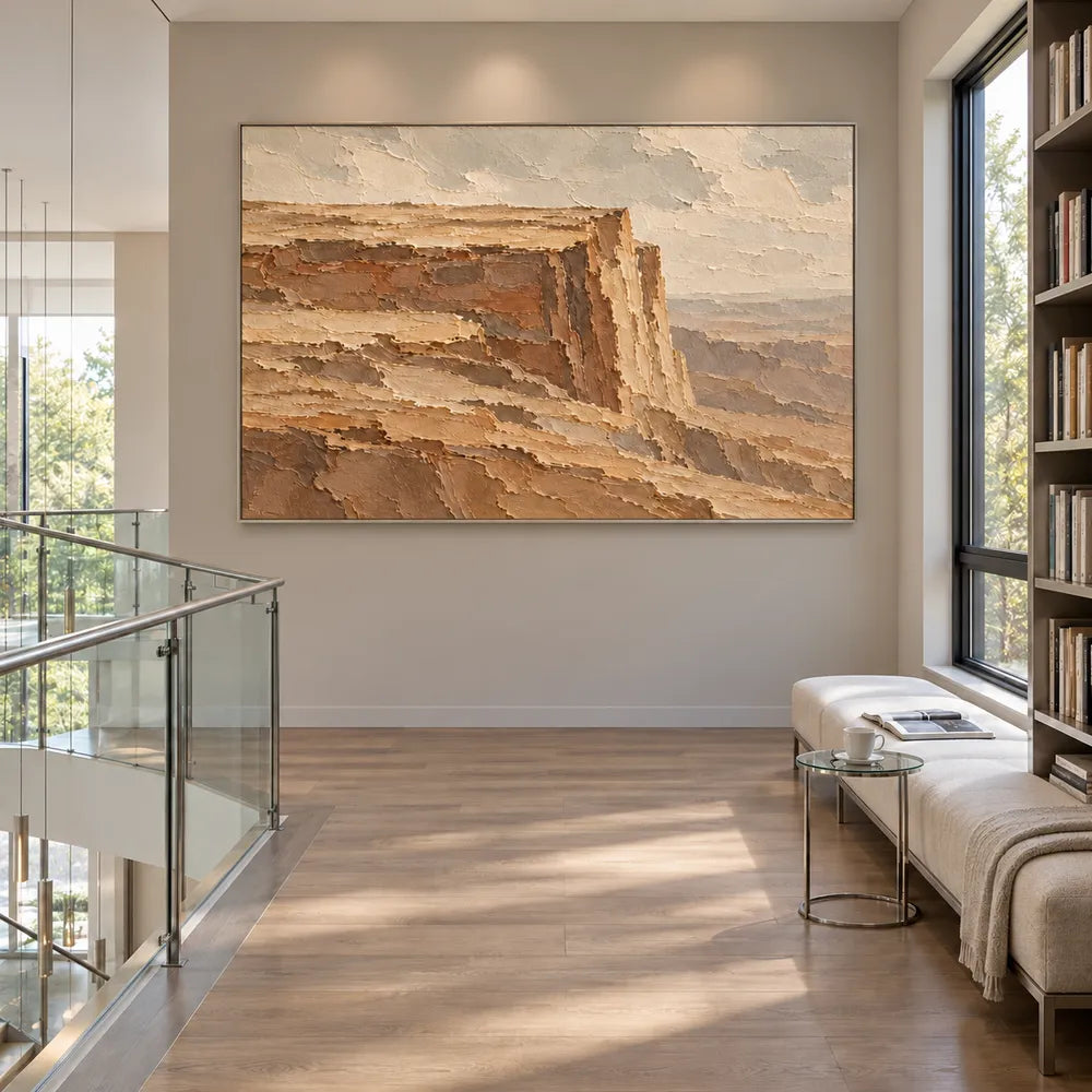 Ochre Brown Hand-Painted Canyon Painting, Flat-Topped Cliff #FXQ5837D