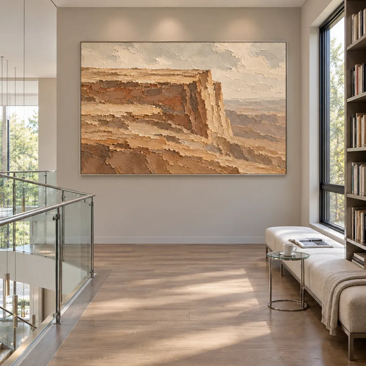Ochre Brown Hand-Painted Canyon Painting, Flat-Topped Cliff #FXQ5837D