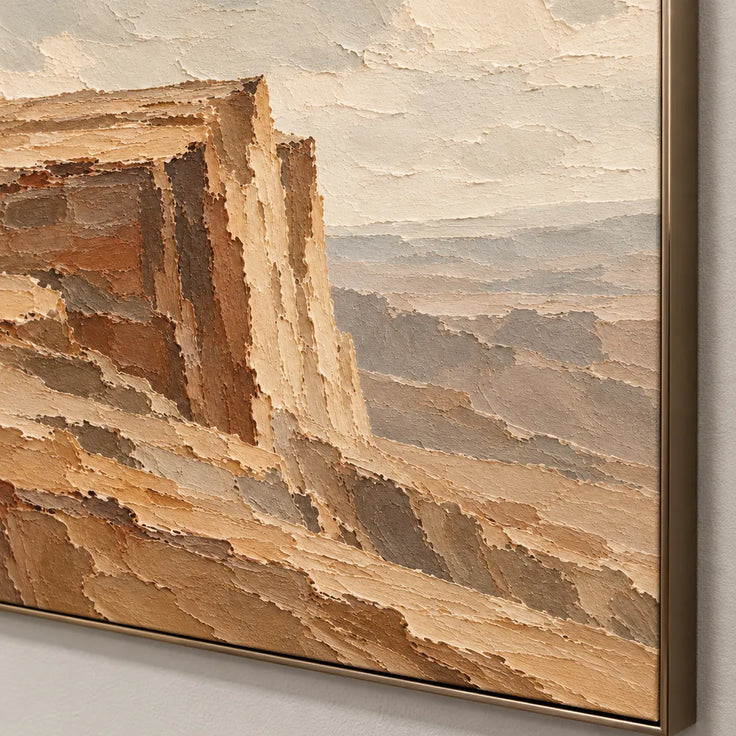 Ochre Brown Hand-Painted Canyon Painting, Flat-Topped Cliff #FXQ5837D