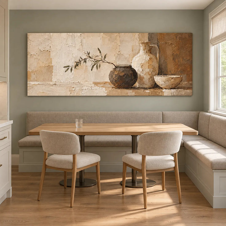 Beige and Cream Hand-Painted Oil Painting, Vase and Bowl Still Life Wall Art #SMW7R0LC