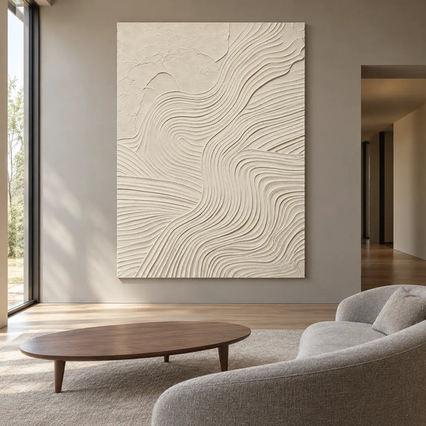 Ivory Hand-Painted 3D Textured Oil Painting, Flowing Curved Lines Abstract Wall Art #5P652TQP