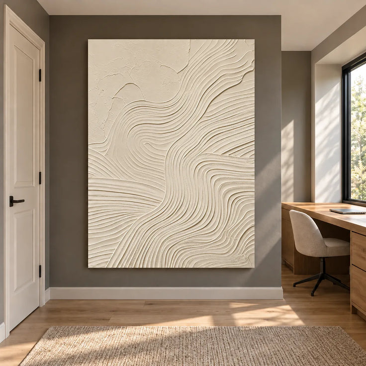 Ivory Hand-Painted 3D Textured Oil Painting, Flowing Curved Lines Abstract Wall Art #5P652TQP