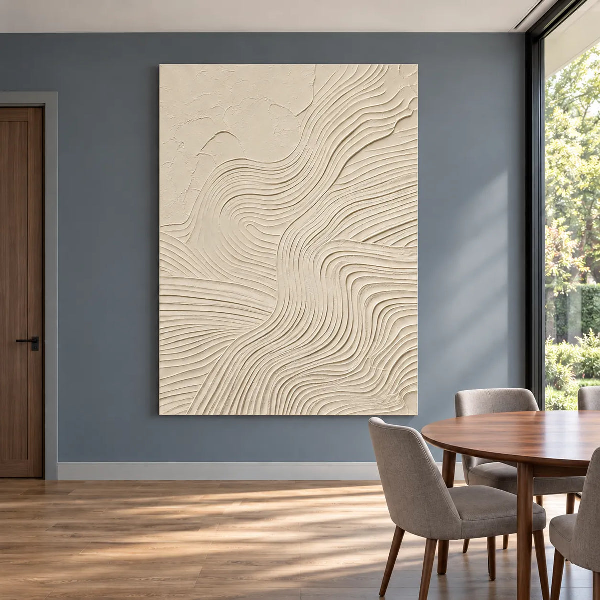 Ivory Hand-Painted 3D Textured Oil Painting, Flowing Curved Lines Abstract Wall Art #5P652TQP