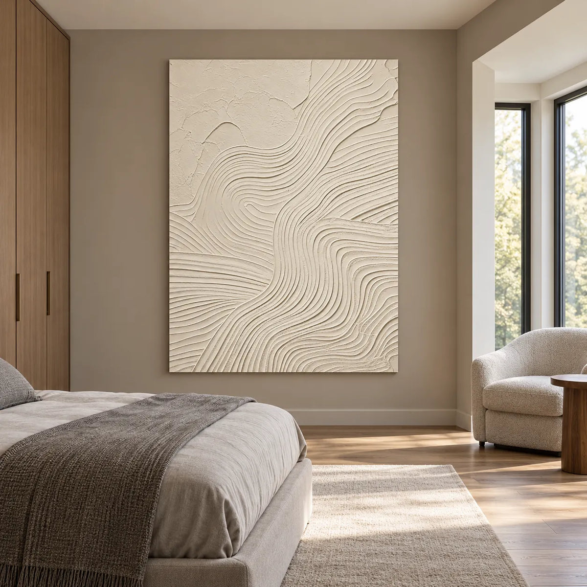 Ivory Hand-Painted 3D Textured Oil Painting, Flowing Curved Lines Abstract Wall Art #5P652TQP