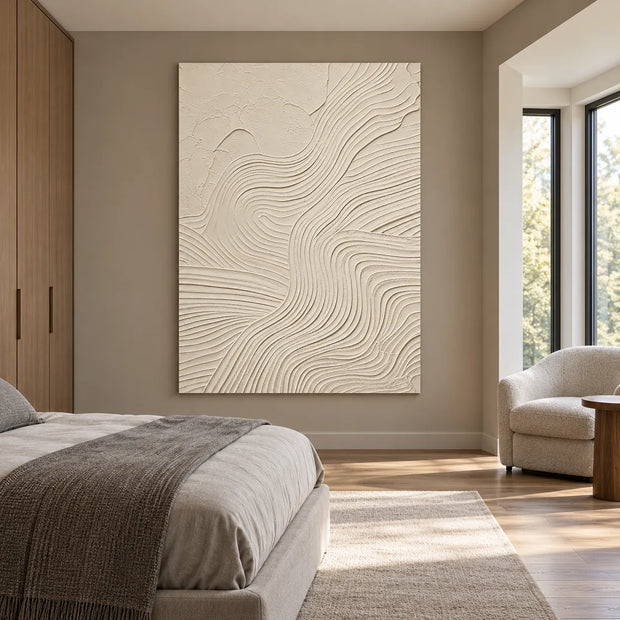 Ivory Hand-Painted 3D Textured Oil Painting, Flowing Curved Lines Abstract Wall Art #5P652TQP