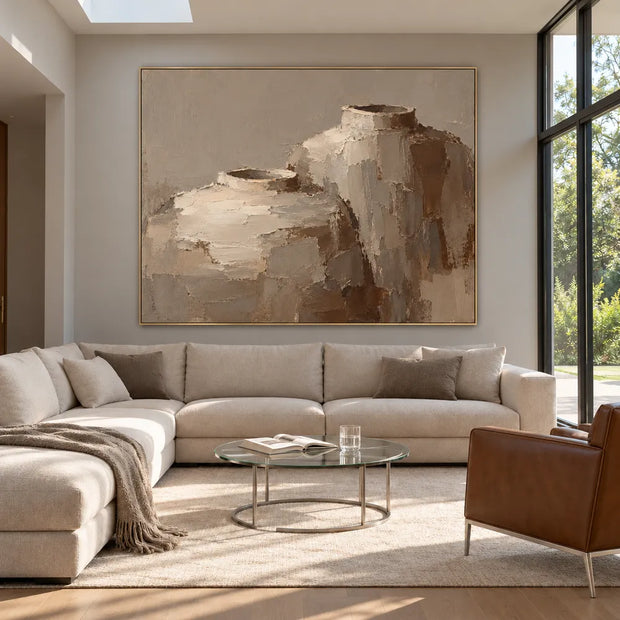Taupe Hand-Painted Still Life Painting, Two Rounded Vessels #769L8UL2