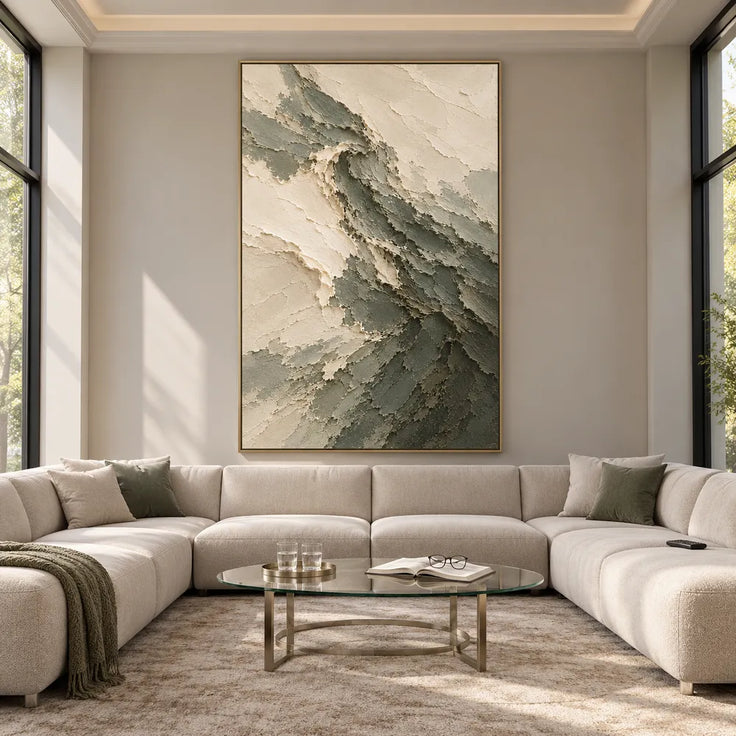 Sage Hand-Painted Abstract Painting, Curling Dark Wave #2N8DSFL6