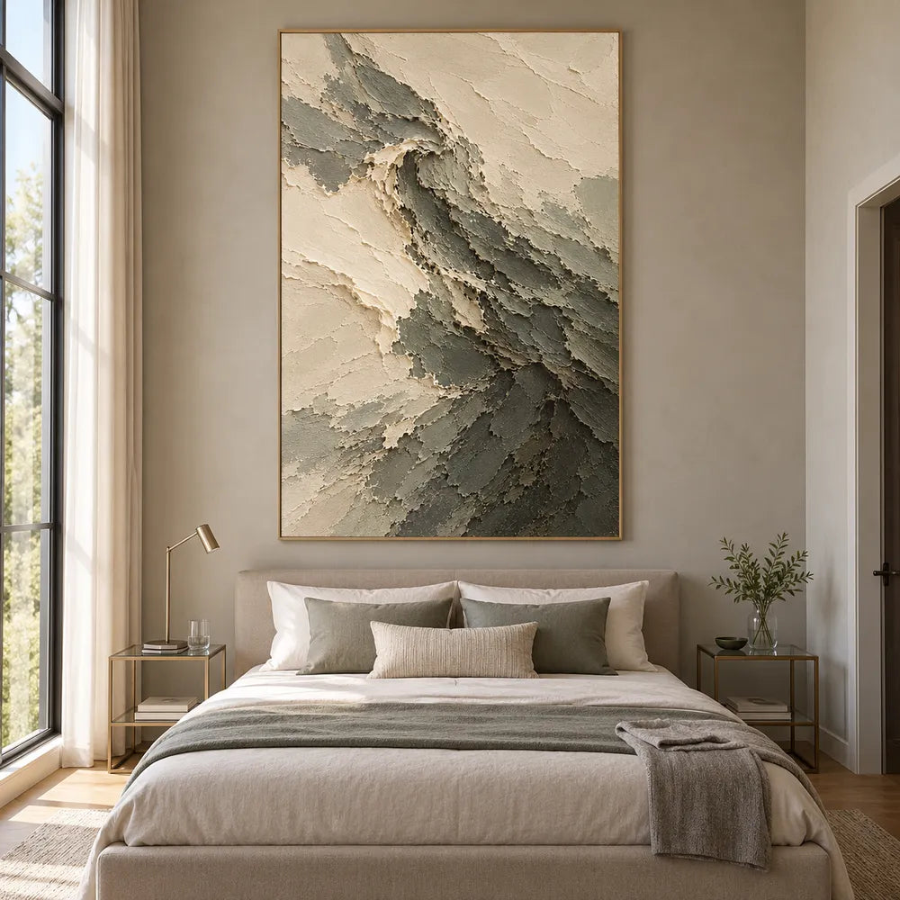 Sage Hand-Painted Abstract Painting, Curling Dark Wave #2N8DSFL6