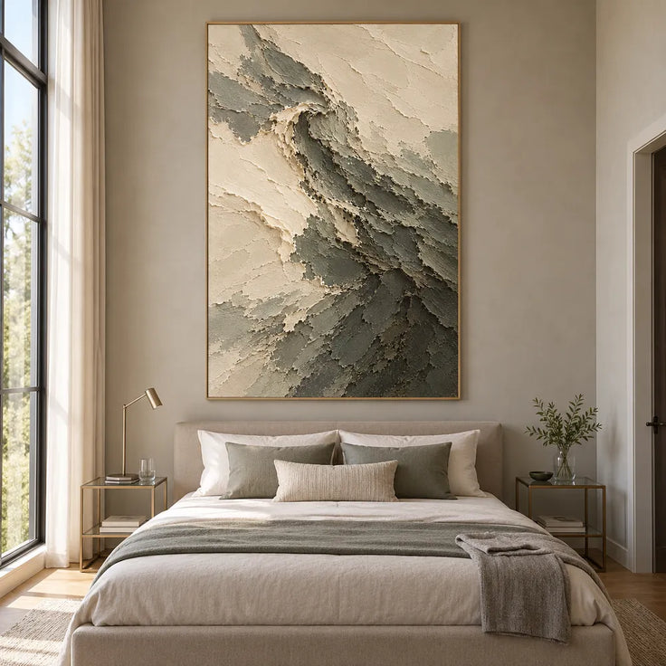 Sage Hand-Painted Abstract Painting, Curling Dark Wave #2N8DSFL6