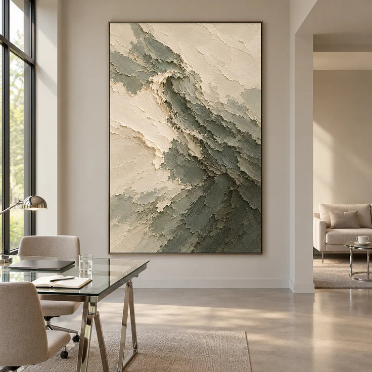 Sage Hand-Painted Abstract Painting, Curling Dark Wave #2N8DSFL6
