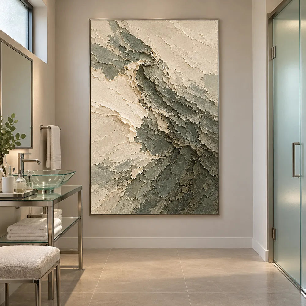 Sage Hand-Painted Abstract Painting, Curling Dark Wave #2N8DSFL6