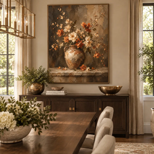 Brown Hand-Painted Oil Painting, Cream and Orange Flowers in a Jug #9897B7VR