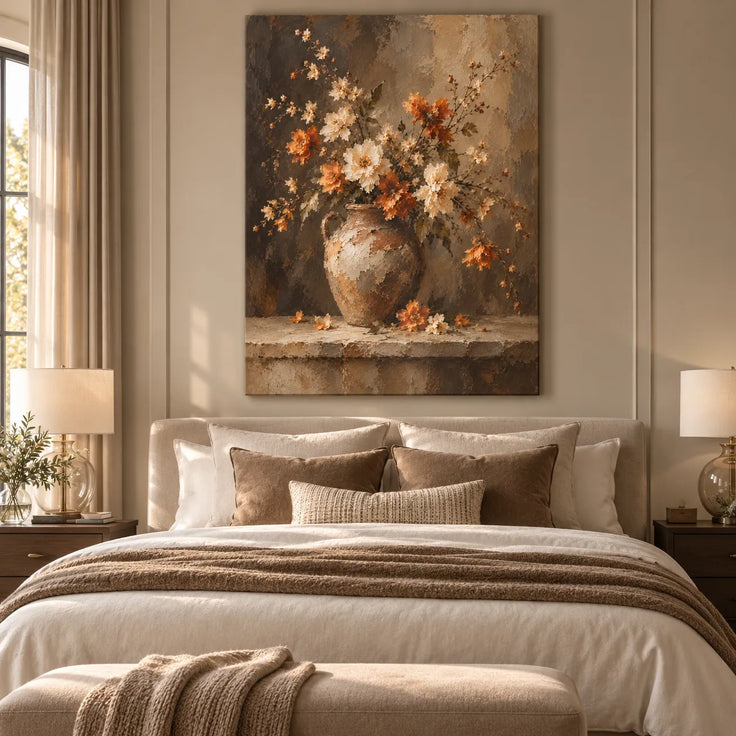 Brown Hand-Painted Oil Painting, Cream and Orange Flowers in a Jug #9897B7VR