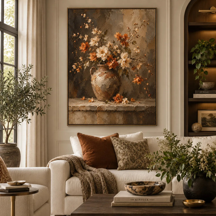 Brown Hand-Painted Oil Painting, Cream and Orange Flowers in a Jug #9897B7VR