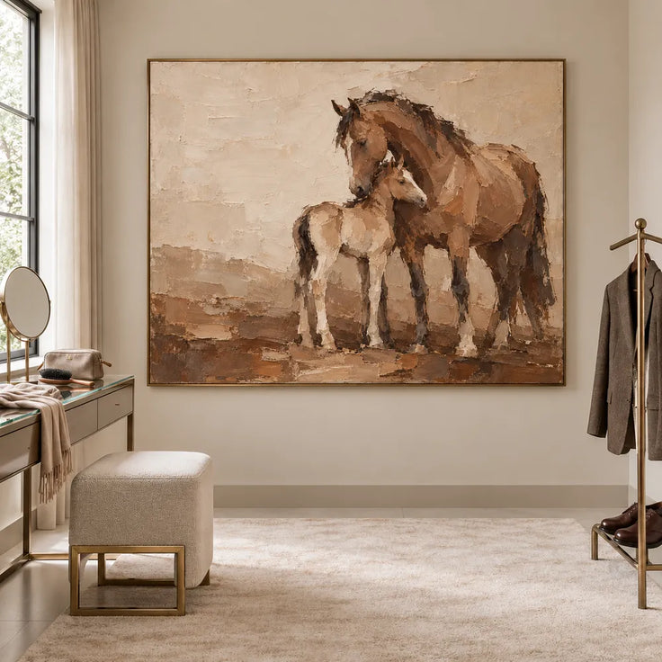 Brown Cream Hand-Painted Horse Painting, Horse and Foal #367ZZN97