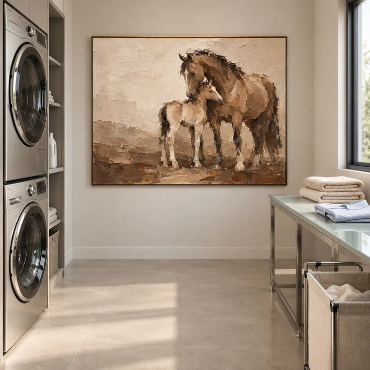 Brown Cream Hand-Painted Horse Painting, Horse and Foal #367ZZN97