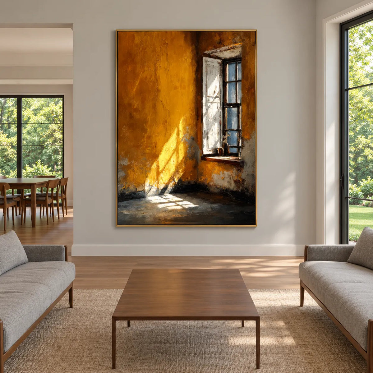 Ochre Orange Hand-Painted Oil Painting, Sunlit Window Wall Art #TM7BPY7V