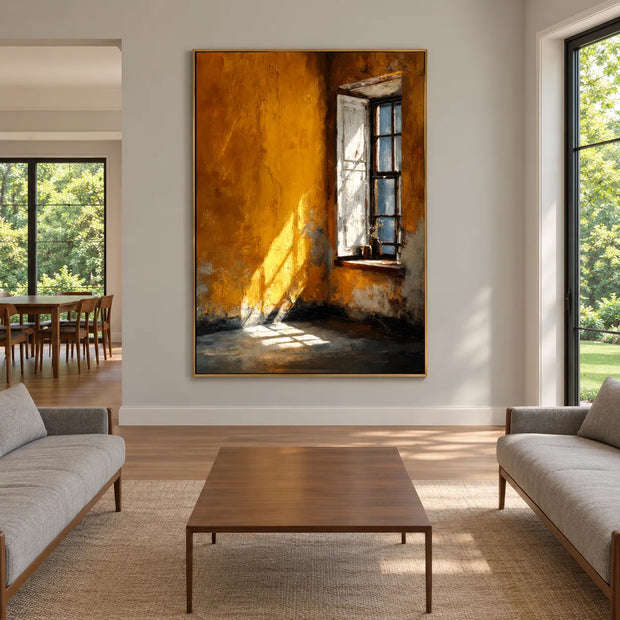 Ochre Orange Hand-Painted Oil Painting, Sunlit Window Wall Art #TM7BPY7V