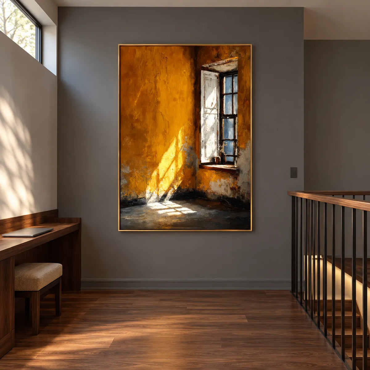 Ochre Orange Hand-Painted Oil Painting, Sunlit Window Wall Art #TM7BPY7V