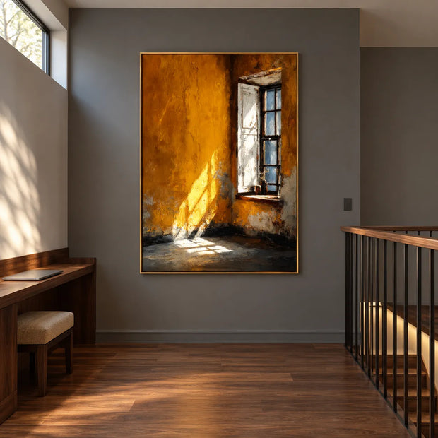 Ochre Orange Hand-Painted Oil Painting, Sunlit Window Wall Art #TM7BPY7V