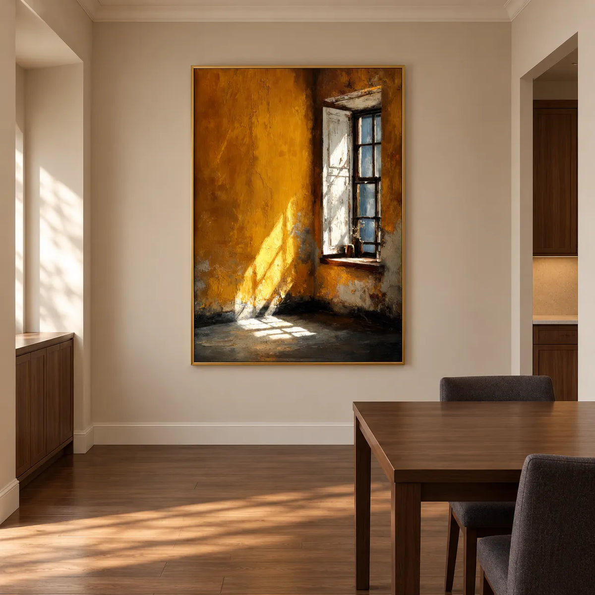 Ochre Orange Hand-Painted Oil Painting, Sunlit Window Wall Art #TM7BPY7V