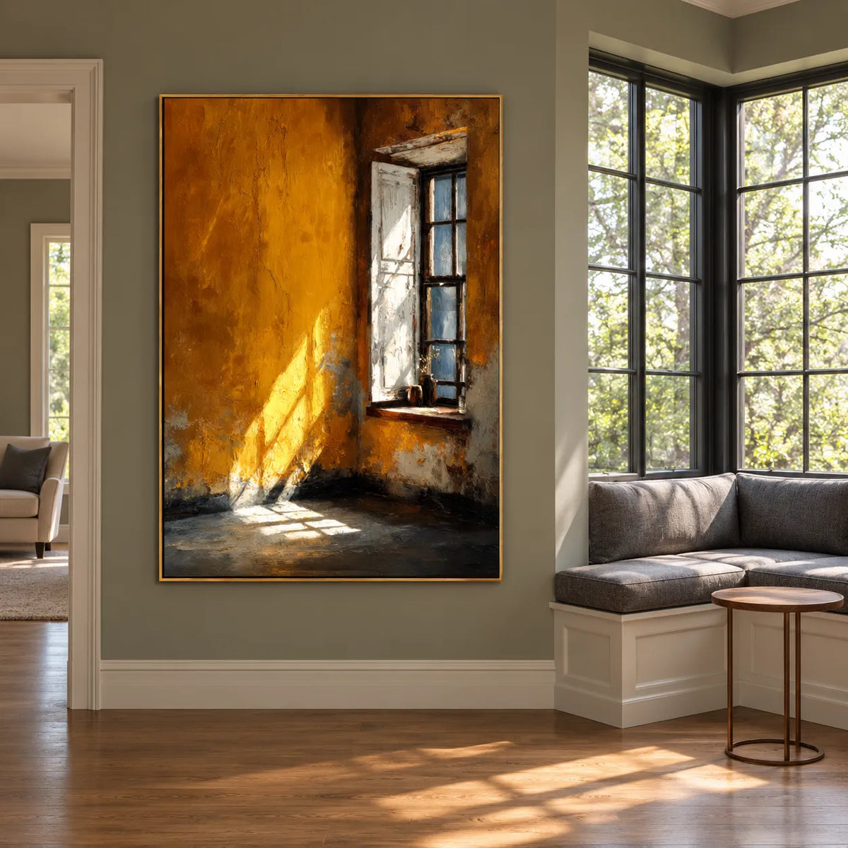 Ochre Orange Hand-Painted Oil Painting, Sunlit Window Wall Art #TM7BPY7V