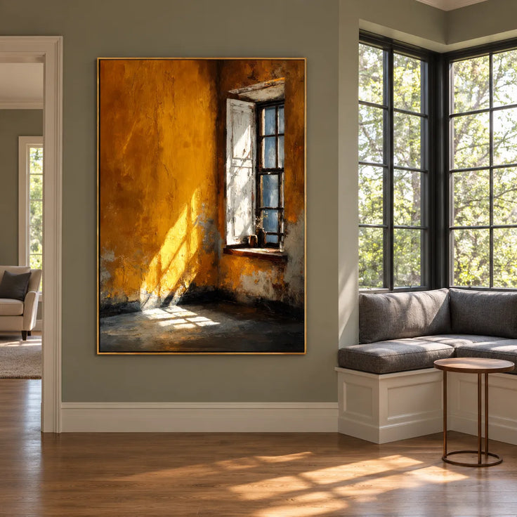 Ochre Orange Hand-Painted Oil Painting, Sunlit Window Wall Art #TM7BPY7V