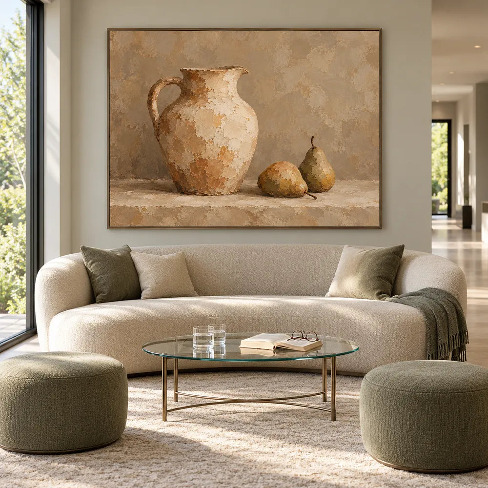 Beige Hand-Painted Still Life Painting, Pitcher and Two Pears #UAW3TAJ8