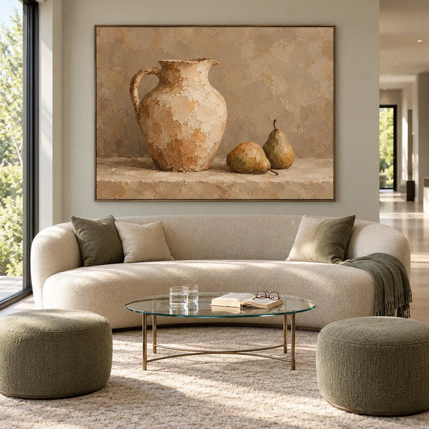 Beige Hand-Painted Still Life Painting, Pitcher and Two Pears #UAW3TAJ8