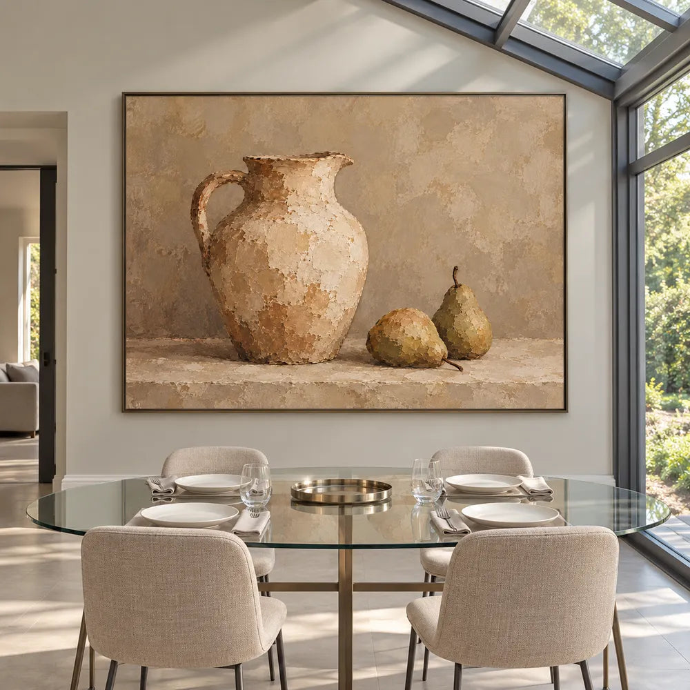 Beige Hand-Painted Still Life Painting, Pitcher and Two Pears #UAW3TAJ8