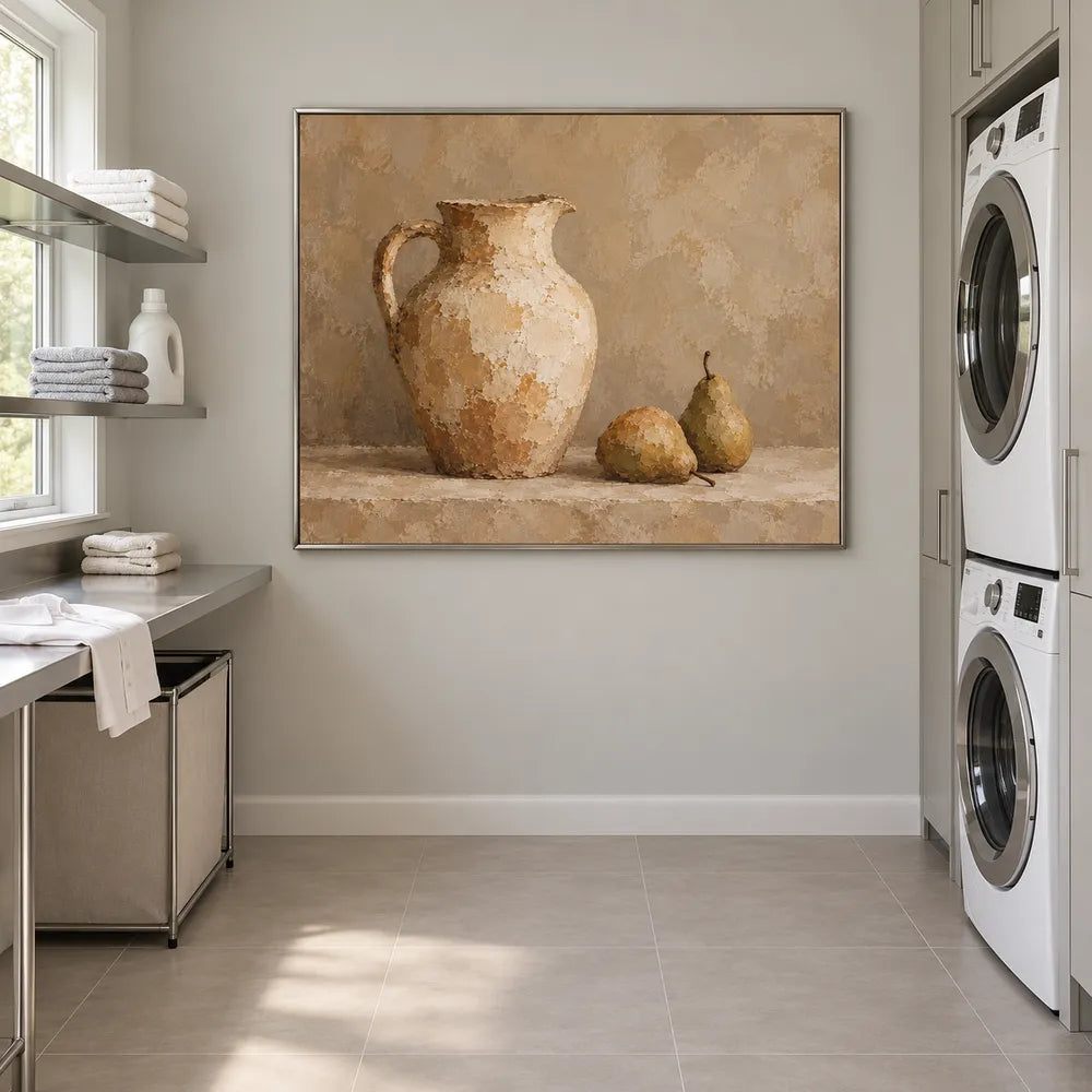 Beige Hand-Painted Still Life Painting, Pitcher and Two Pears #UAW3TAJ8