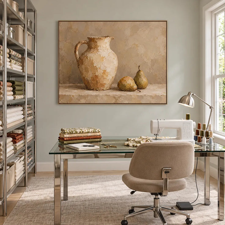 Beige Hand-Painted Still Life Painting, Pitcher and Two Pears #UAW3TAJ8