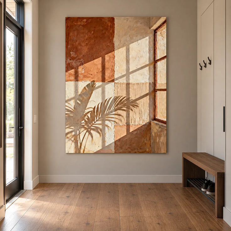 Rust & Beige Hand-Painted Oil Painting, Sunlit Window and Leaf Shadow Wall Art #1ACF8XQW