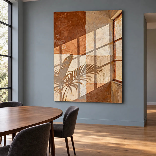 Rust & Beige Hand-Painted Oil Painting, Sunlit Window and Leaf Shadow Wall Art #1ACF8XQW