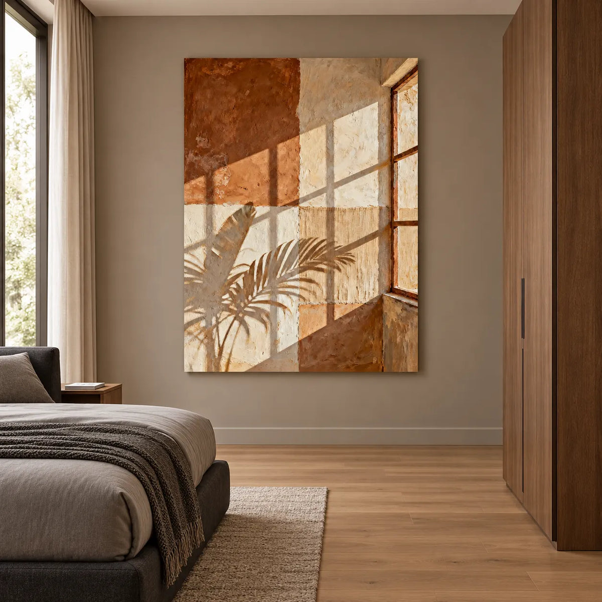 Rust & Beige Hand-Painted Oil Painting, Sunlit Window and Leaf Shadow Wall Art #1ACF8XQW