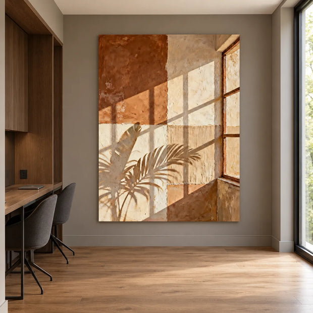 Rust & Beige Hand-Painted Oil Painting, Sunlit Window and Leaf Shadow Wall Art #1ACF8XQW