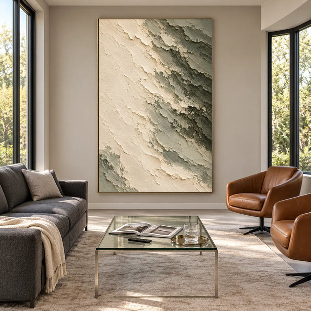 Cream Hand-Painted Abstract Painting, Diagonal Sage Edge #WRZL8HS5