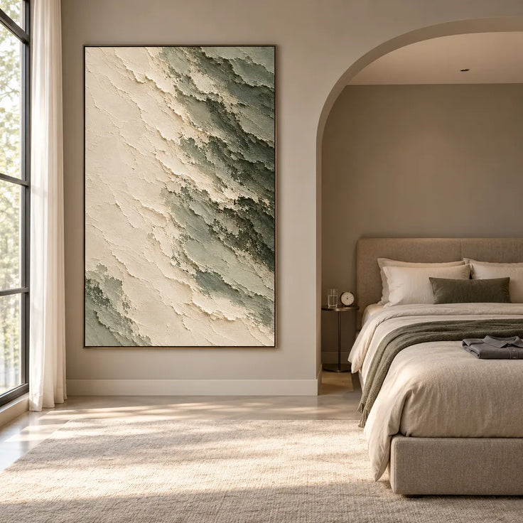 Cream Hand-Painted Abstract Painting, Diagonal Sage Edge #WRZL8HS5