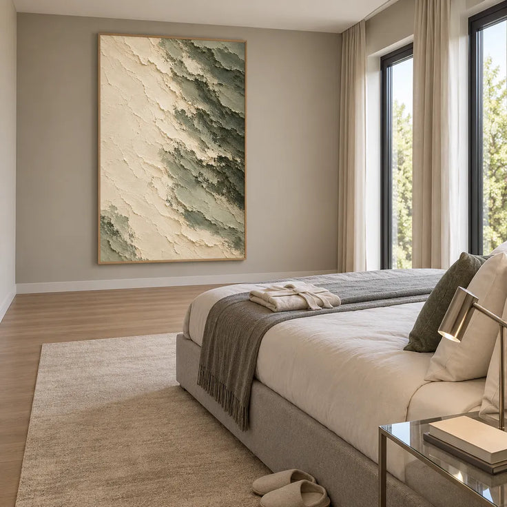 Cream Hand-Painted Abstract Painting, Diagonal Sage Edge #WRZL8HS5