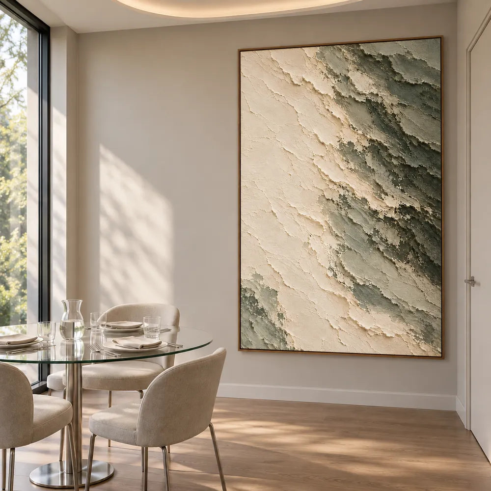 Cream Hand-Painted Abstract Painting, Diagonal Sage Edge #WRZL8HS5
