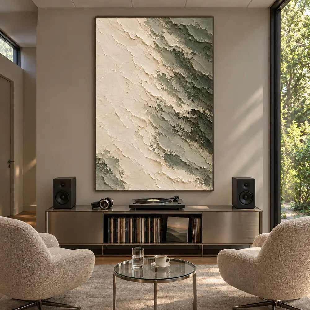 Cream Hand-Painted Abstract Painting, Diagonal Sage Edge #WRZL8HS5