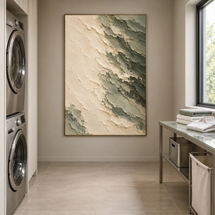Cream Hand-Painted Abstract Painting, Diagonal Sage Edge #WRZL8HS5