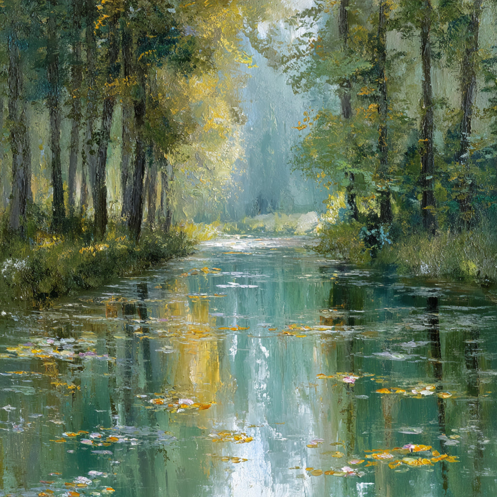 Sunlit Forest Stream Oil Painting with Water Lilies #FT328